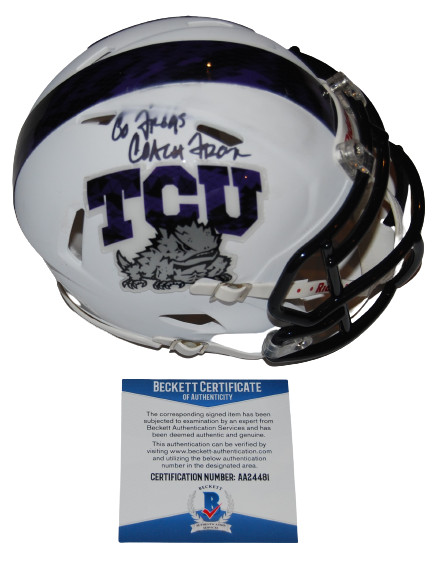 DENNIS FRANCHIONE signed (TCU HORNED FROGS) mini football helmet BECKETT AA24481