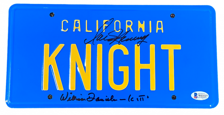 DAVID HASSELHOFF WILLIAM DANIELS SIGNED KNIGHT RIDER LICENSE PLATE KITT BECKETT COLLECTIBLE MEMORABILIA