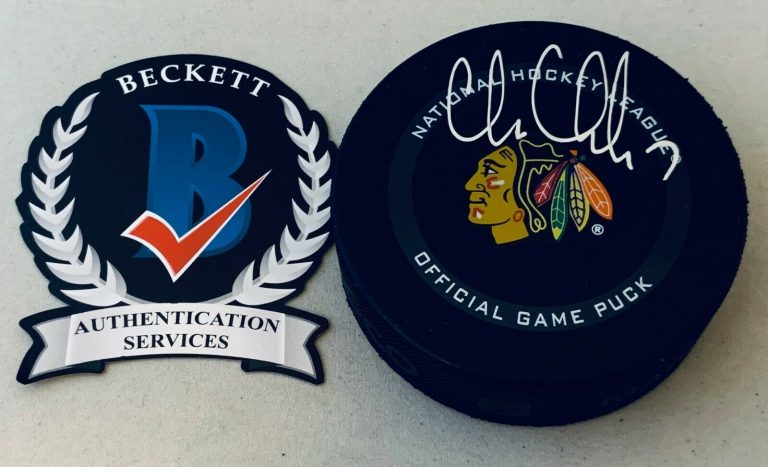 CHRIS CHELIOS SIGNED CHICAGO BLACKHAWKS GAME PUCK AUTOGRAPHED BECKETT WITNESS COLLECTIBLE MEMORABILIA