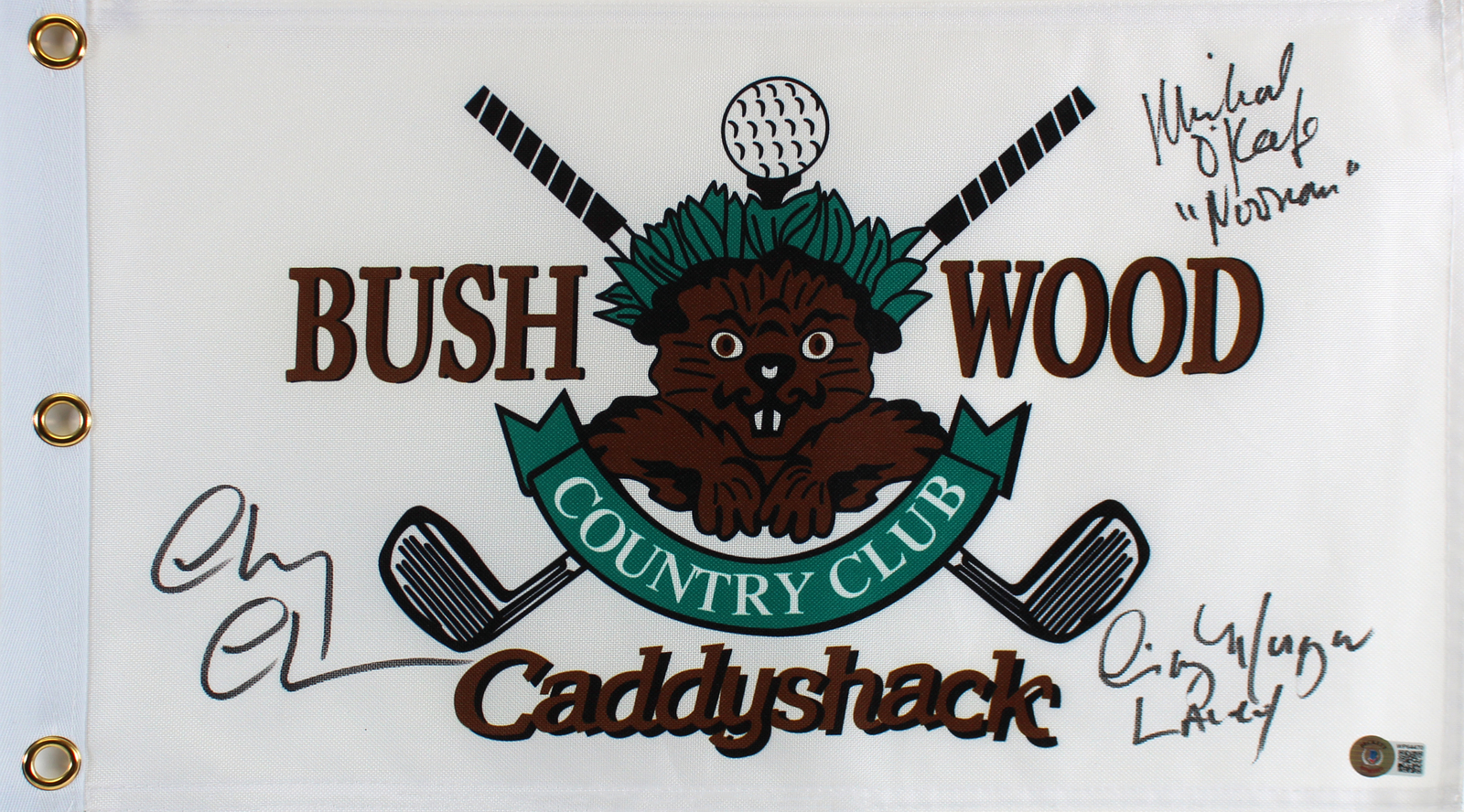 Caddyshack (3) Chase, Morgan & O'Keefe Signed Bushwood Flag BAS Witnessed