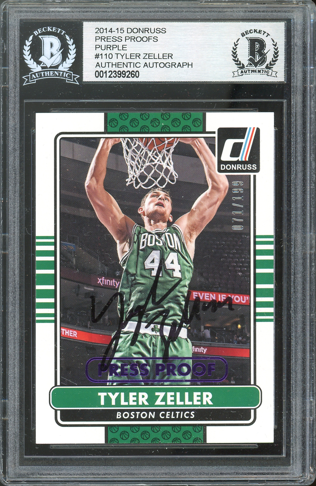Celtics Tyler Zeller Signed 2014 Donruss Press Proofs Purple #110 Card BAS