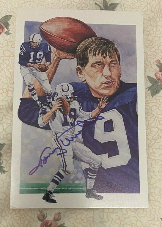 JOHNNY UNITAS SIGNED AUTOGRAPHED LEGENDS POSTCARD PRO FOOTBALL HALL OF FAME
