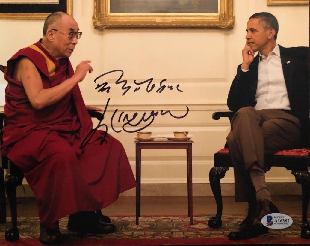 Dalai Lama signed autographed 8x10 Photo Obama Extremely RARE Beckett BAS