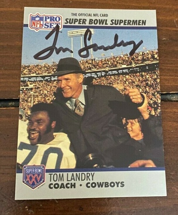 TOM LANDRY SIGNED AUTOGRAPHED 1990 PRO SET SUPER BOWL CARD COLLECTIBLE MEMORABILIA