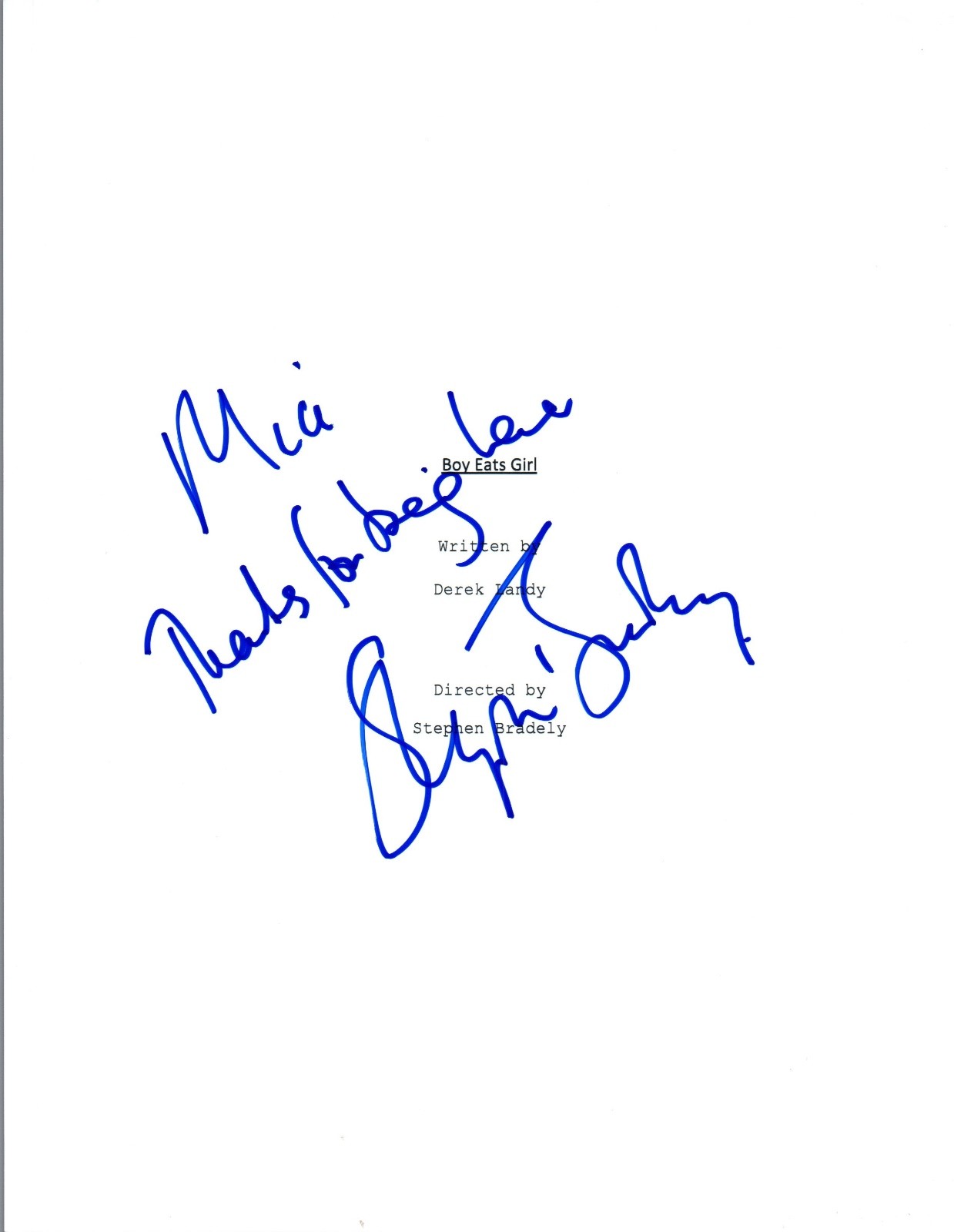 Stephen Bradley Signed Autographed BOY EATS GIRL Movie Script COA VD
