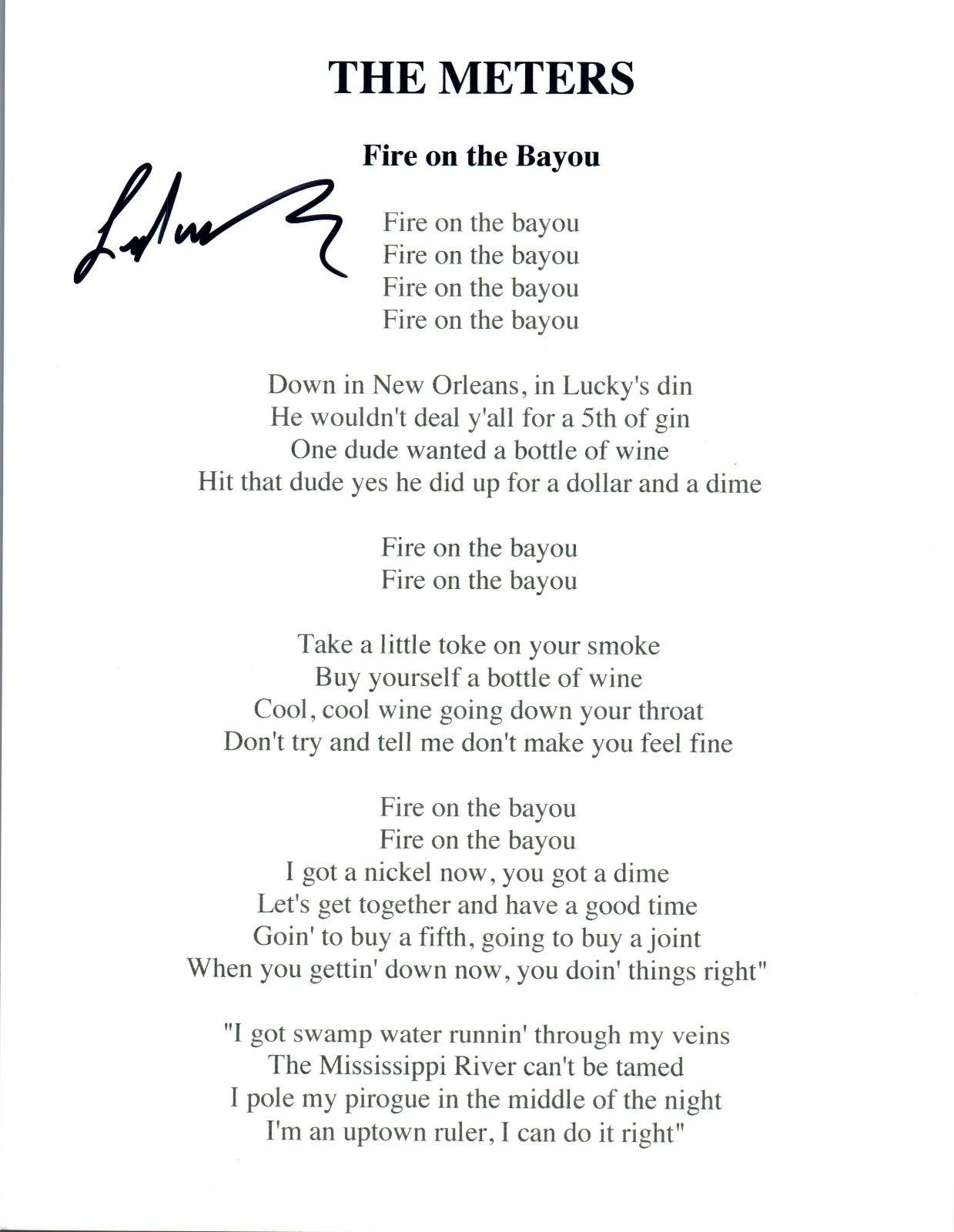Leo Nocentelli Signed Autographed The Meters FIRE ON THE BAYOU Lyric Sheet COA