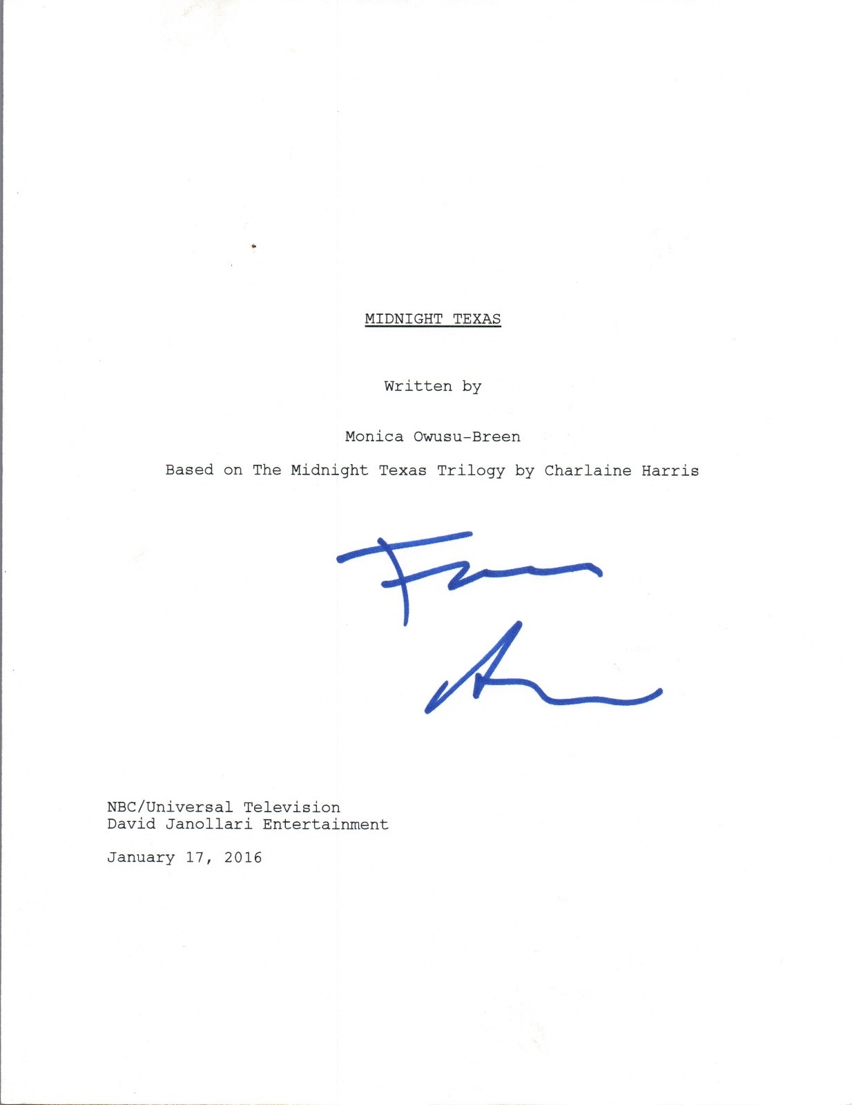 Francois Arnaud Signed Autographed MIDNIGHT, TEXAS Pilot Episode Script COA