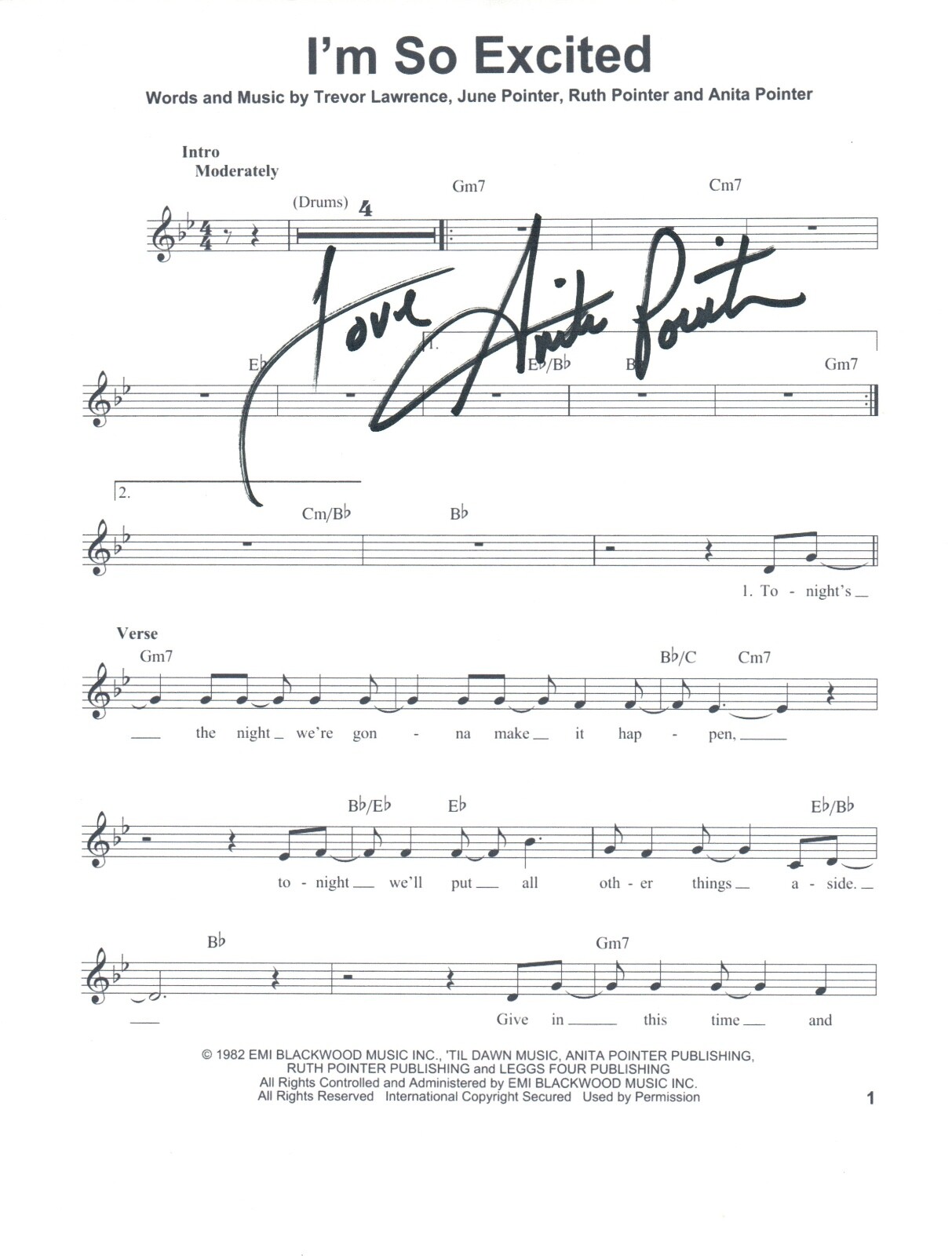 ANITA POINTER SIGNED AUTOGRAPH IM SO EXCITED LYRIC SHEET THE POINTER SISTERS COA COLLECTIBLE MEMORABILIA