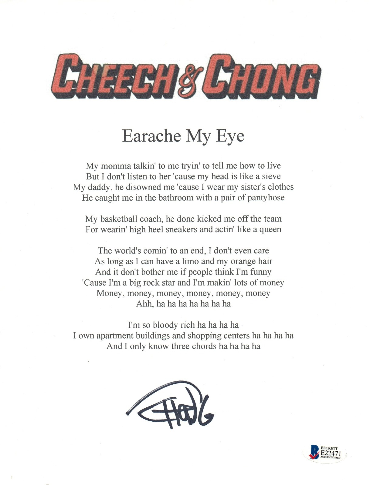 TOMMY CHONG SIGNED CHEECH & CHONG’S “EARACHE MY EYE” LYRIC SHEET BECKETT BAS COA COLLECTIBLE MEMORABILIA