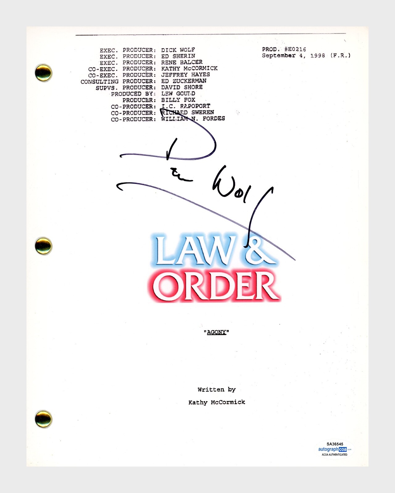 Dick Wolf Signed Autographed Law & Order Agony Episode Script ACOA COA