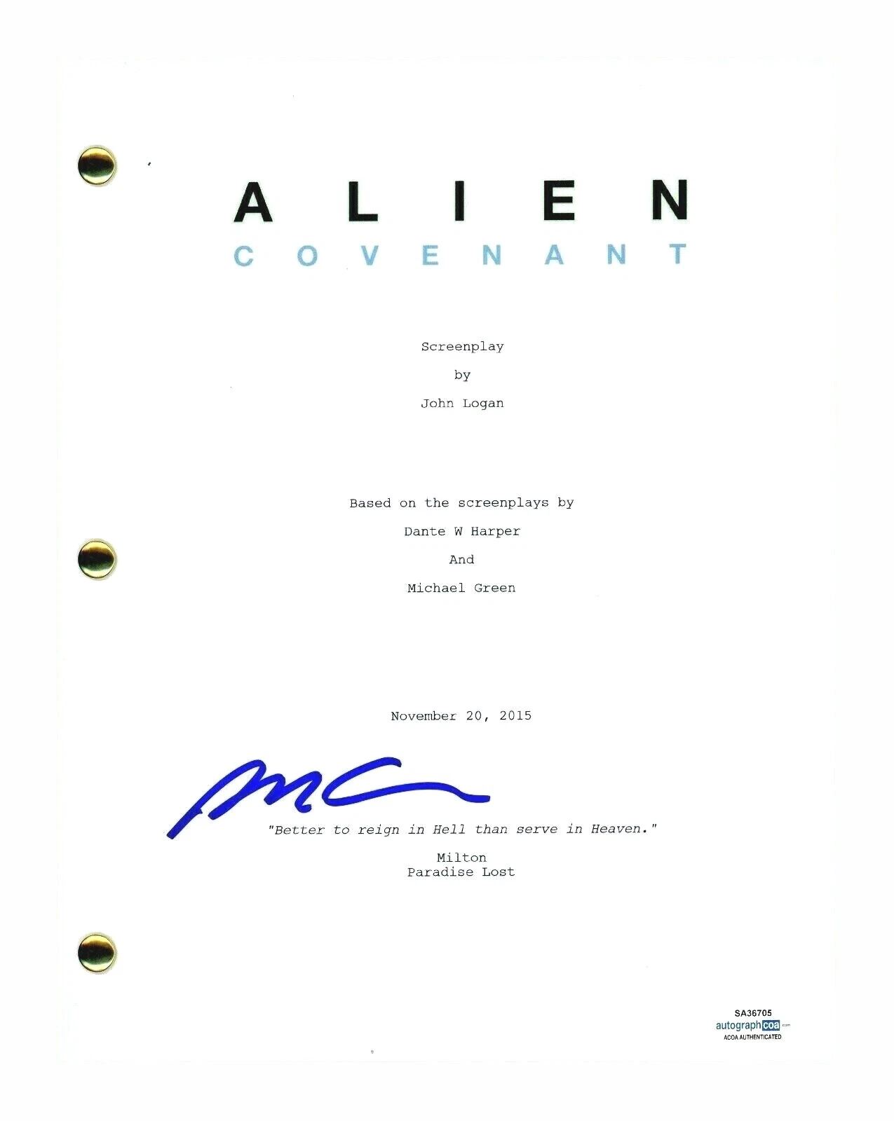 MICHAEL GREEN SIGNED AUTOGRAPHED ALIEN COVENANT MOVIE SCRIPT WRITER ACOA COA COLLECTIBLE MEMORABILIA