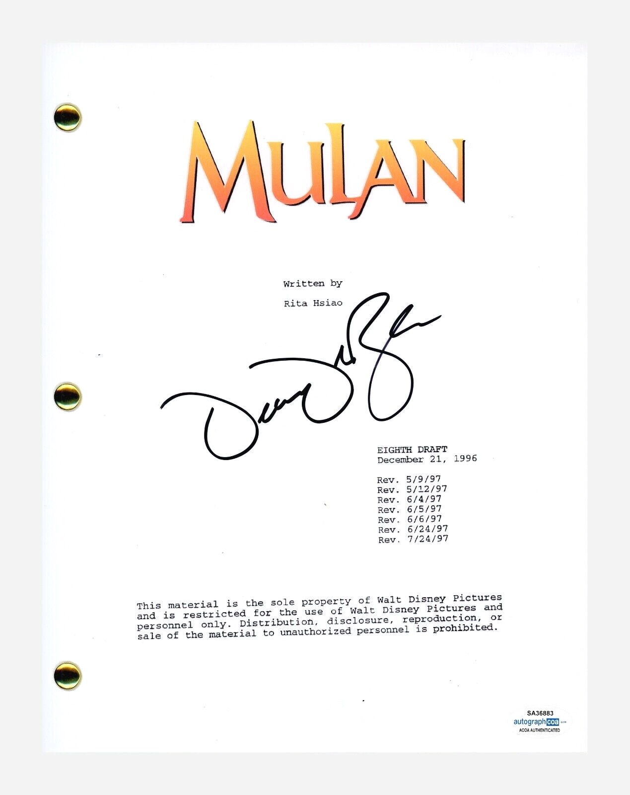 Dean DeBlois Signed Autographed MULAN Movie Script ACOA COA