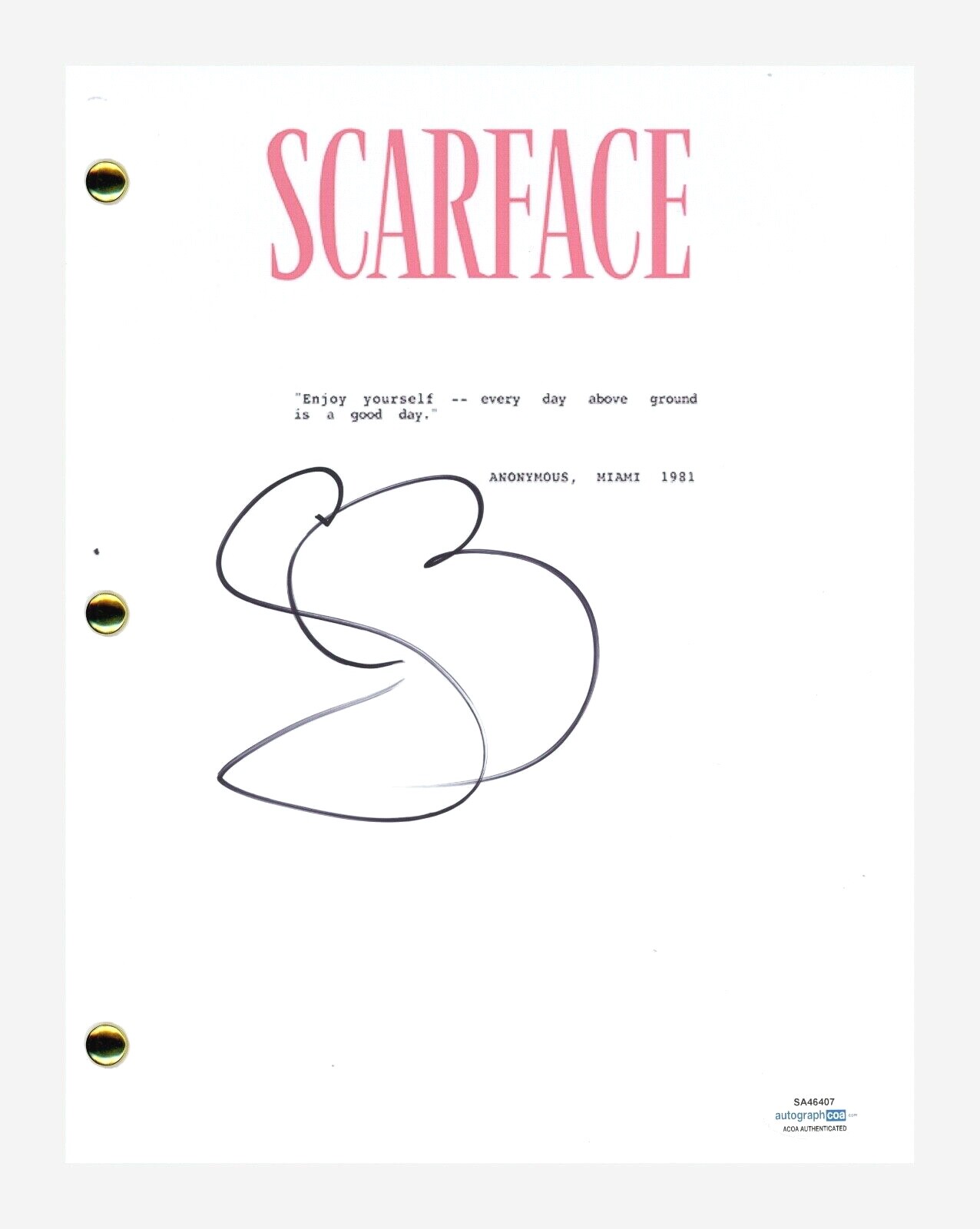 Steven Bauer Signed Autographed Scarface Movie Script Screenplay Manny ACOA COA