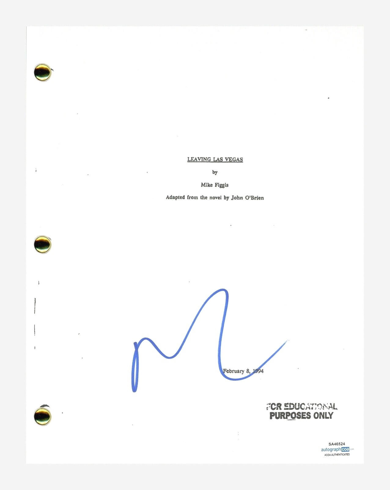 Nicolas Cage Signed Autographed Leaving Las Vegas Script Screenplay ACOA COA