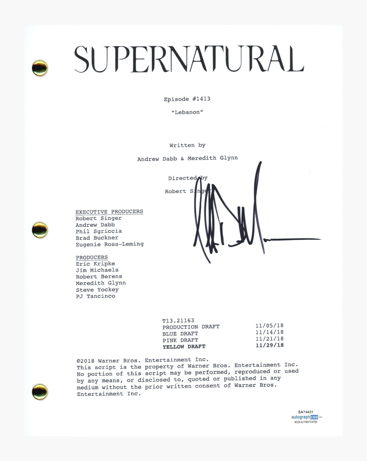 Jeffrey Dean Morgan Signed Supernatural Lebanon Episode Script ACOA COA