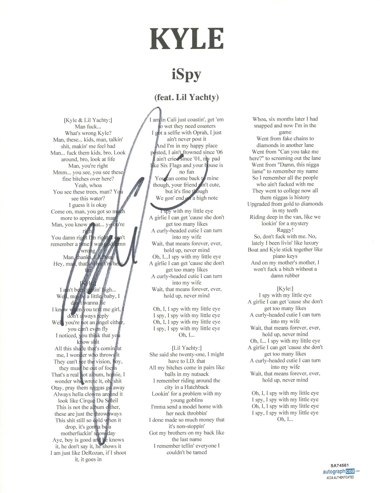 KYLE Harvey Signed Autographed iSpy Lyric Sheet SuperDuperKyle ACOA COA