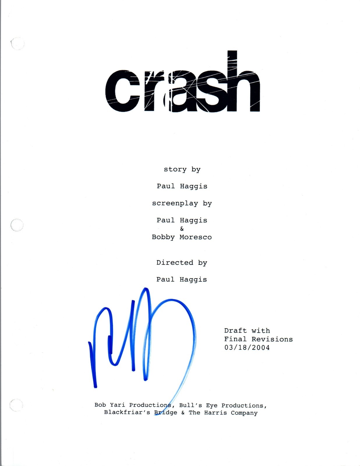 Paul Haggis Signed Autographed CRASH Movie Script COA VD