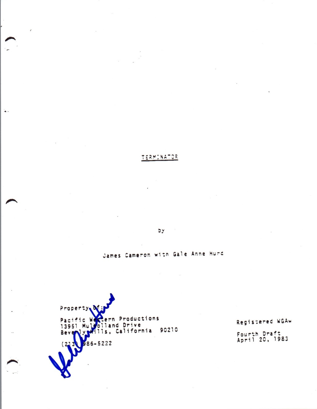 Gale Anne Hurd Signed Autographed TERMINATOR Full Movie Script COA VD