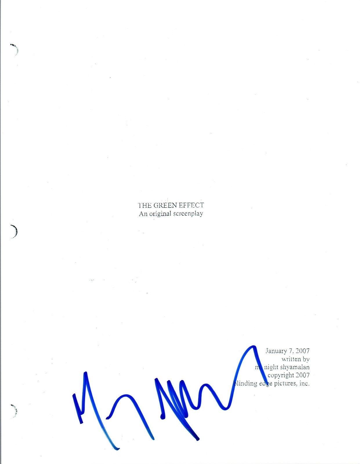 M. Night Shyamalan Signed Autograph THE GREEN EFFECT Movie Script COA VD