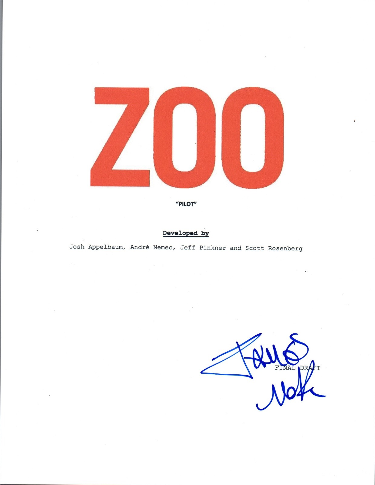James Wolk Signed Autographed ZOO Pilot Episode Script COA VD