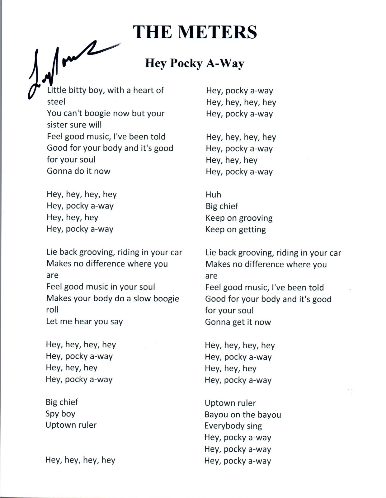 Leo Nocentelli Signed Autographed The Meters HEY POCKY A-WAY Lyric Sheet COA