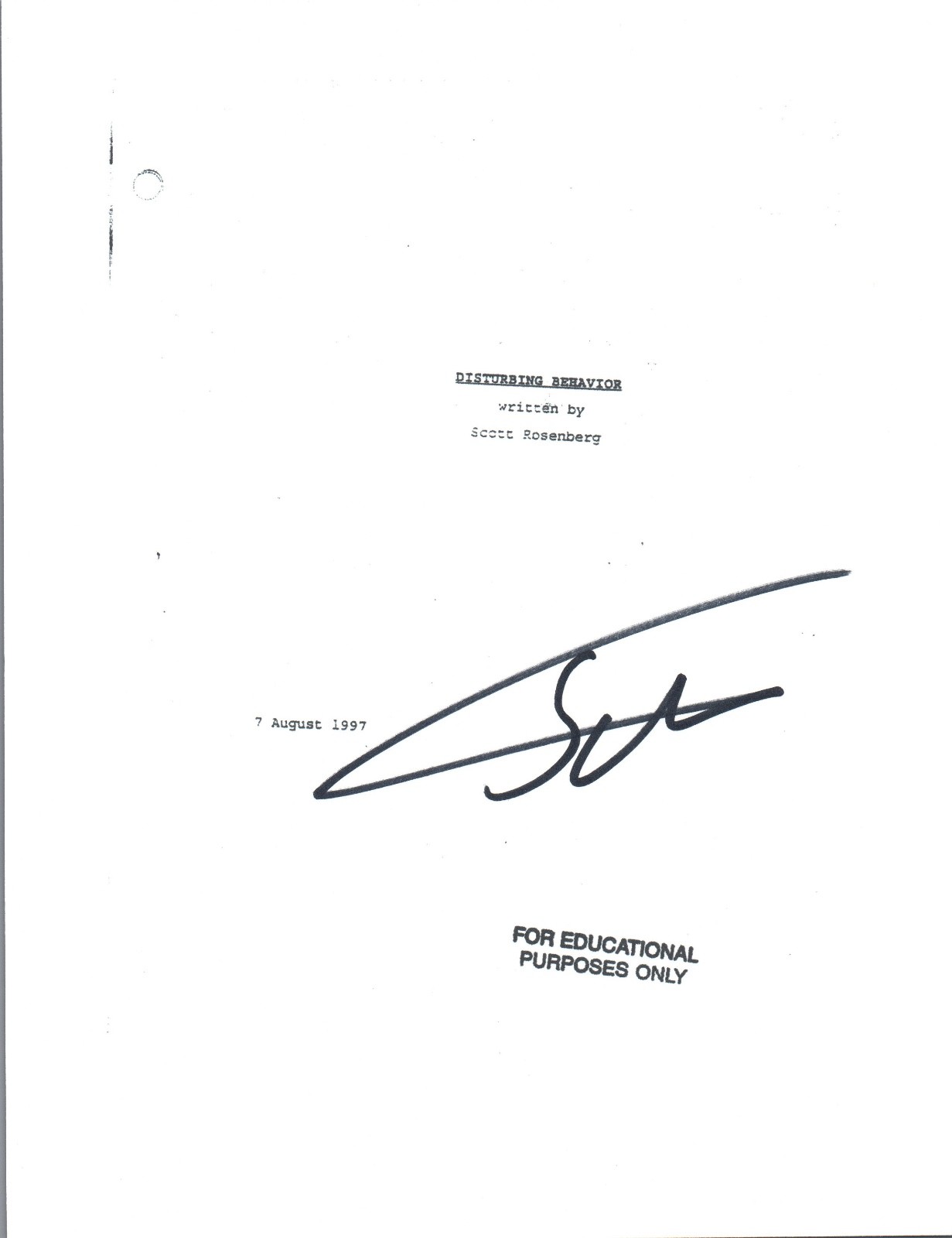 Scott Rosenberg Signed Autographed DISTURBING BEHAVIOR Full Movie Script COA