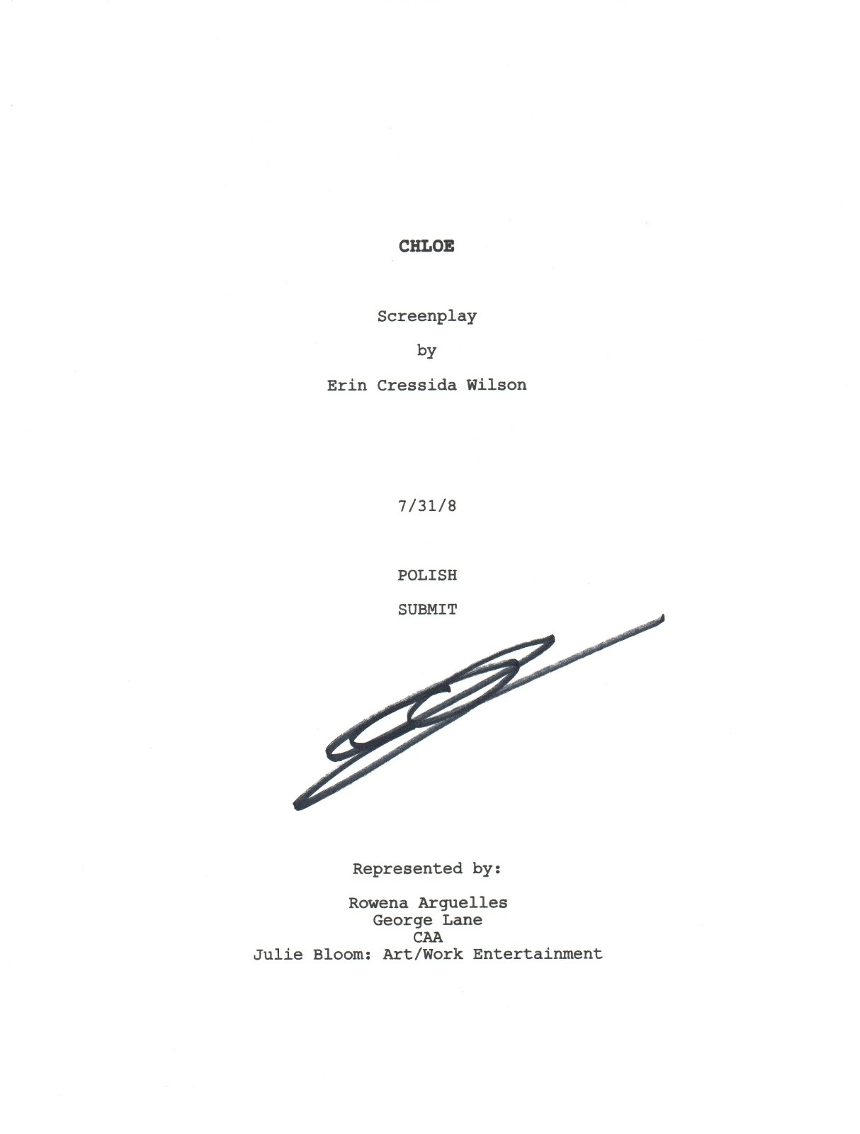 Erin Cressida Wilson Signed Autographed CHLOE Movie Script COA