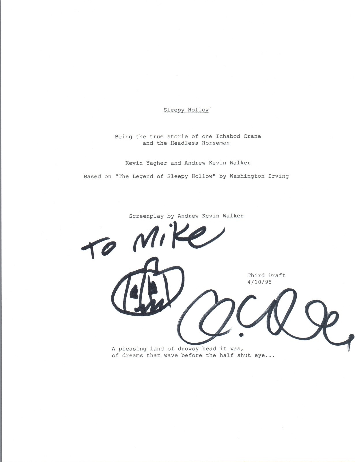 Andrew Kevin Walker Signed Autographed SLEEPY HOLLOW Full Movie Script COA