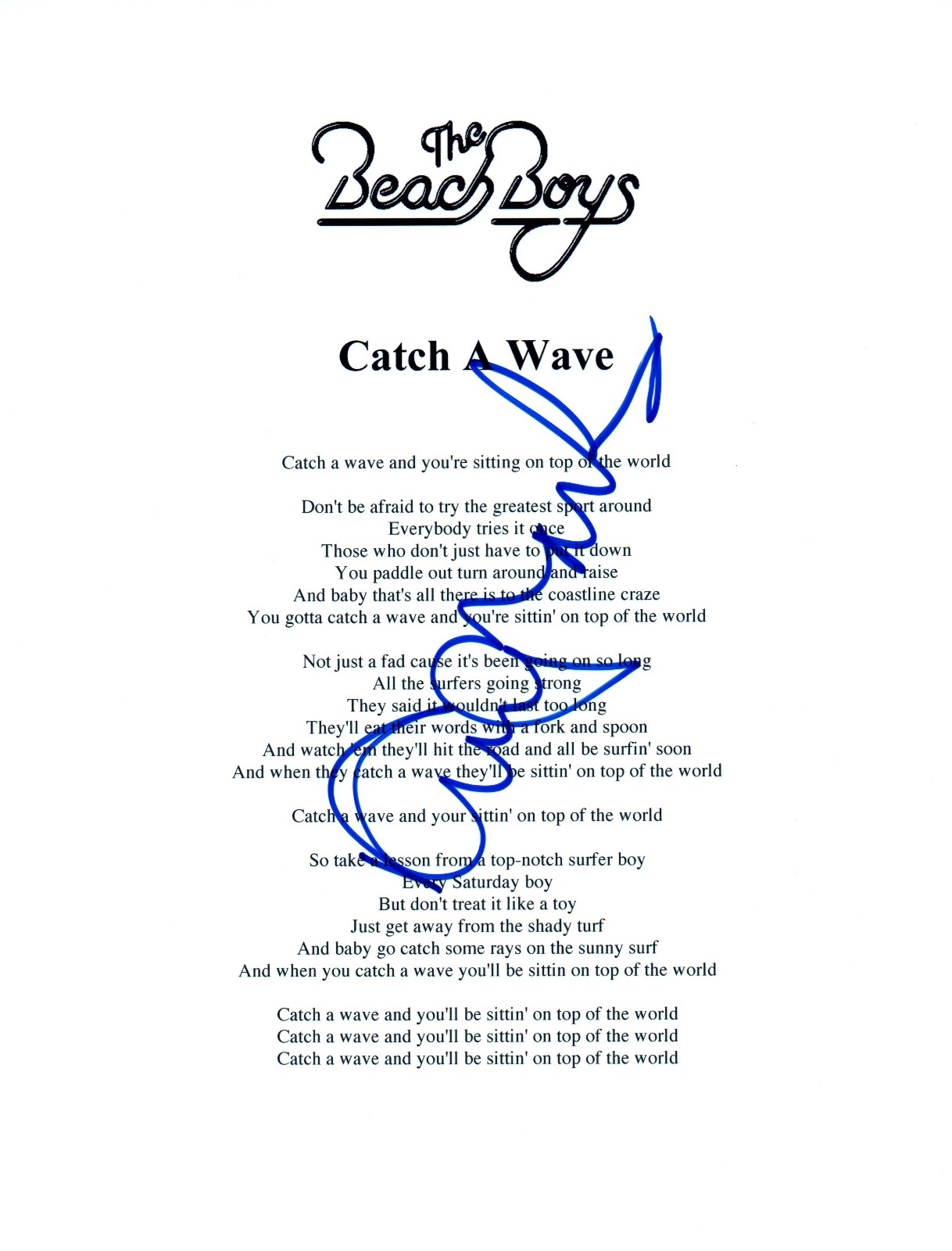David Marks Signed Autographed The Beach Boys CATCH A WAVE Song Lyric Sheet COA