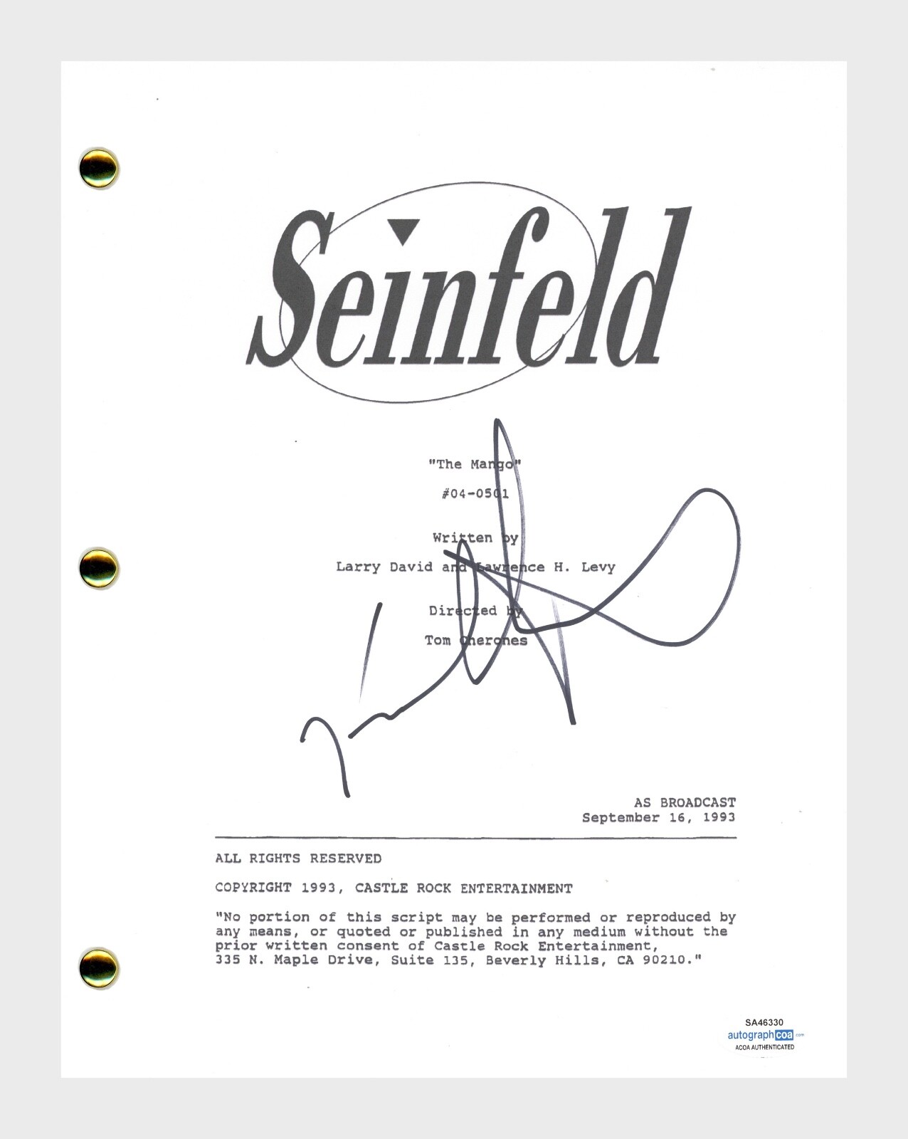 Jason Alexander Signed Autographed Seinfeld The Mango Episode Script ACOA COA
