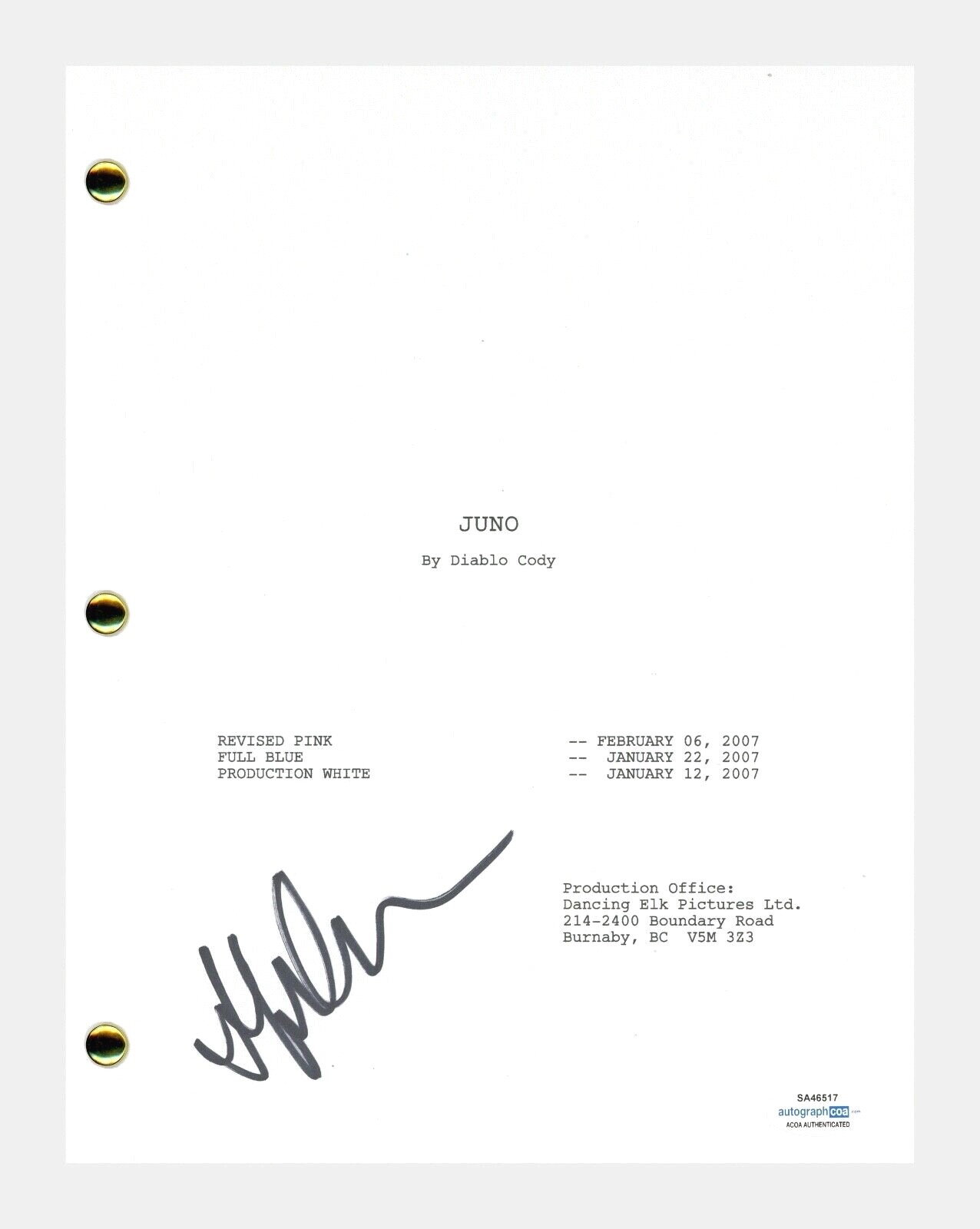 Jennifer Garner Signed Autographed Juno Movie Script Screenplay ACOA COA