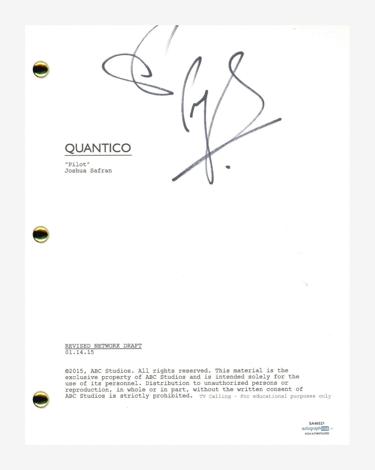 Priyanka Chopra Signed Autographed Quantico Pilot Script Screenplay ACOA COA