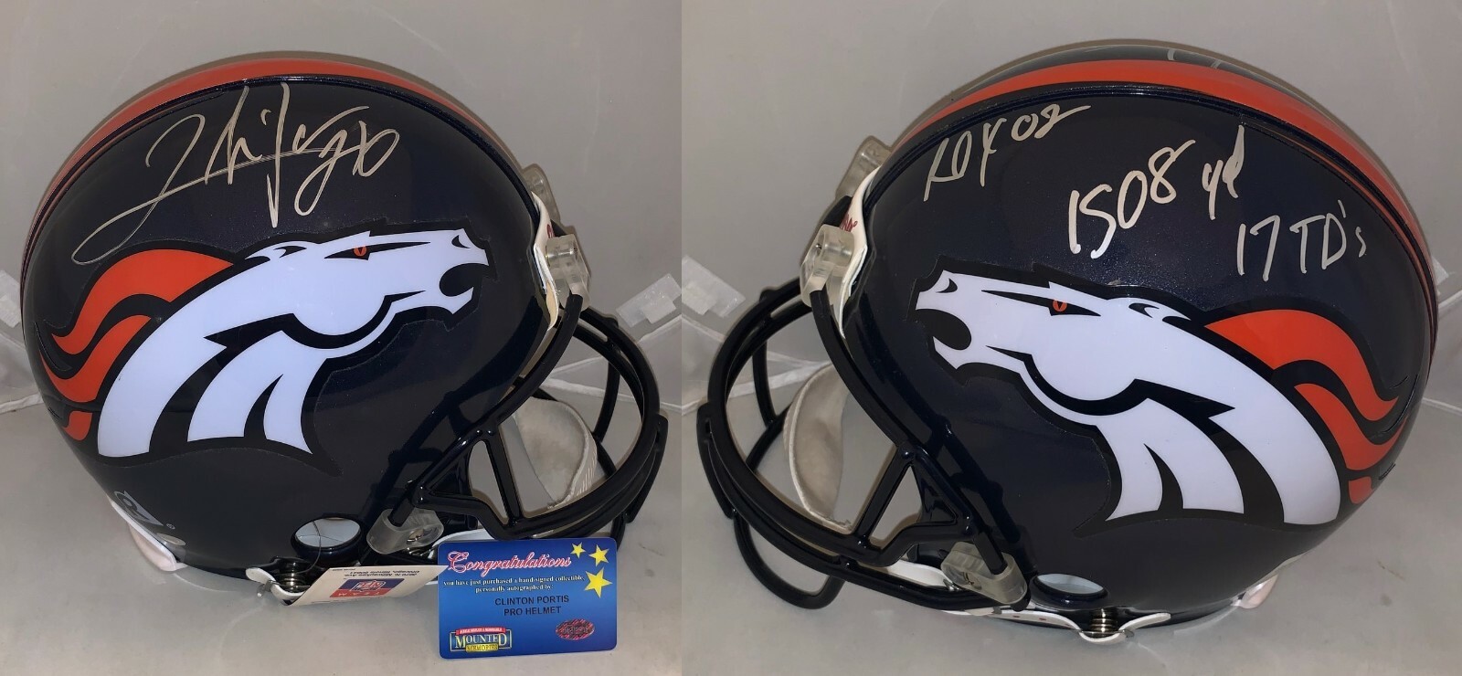 NEW LISTINGClinton Portis signed Denver Broncos Full Size Proline helmet Mounted Memories