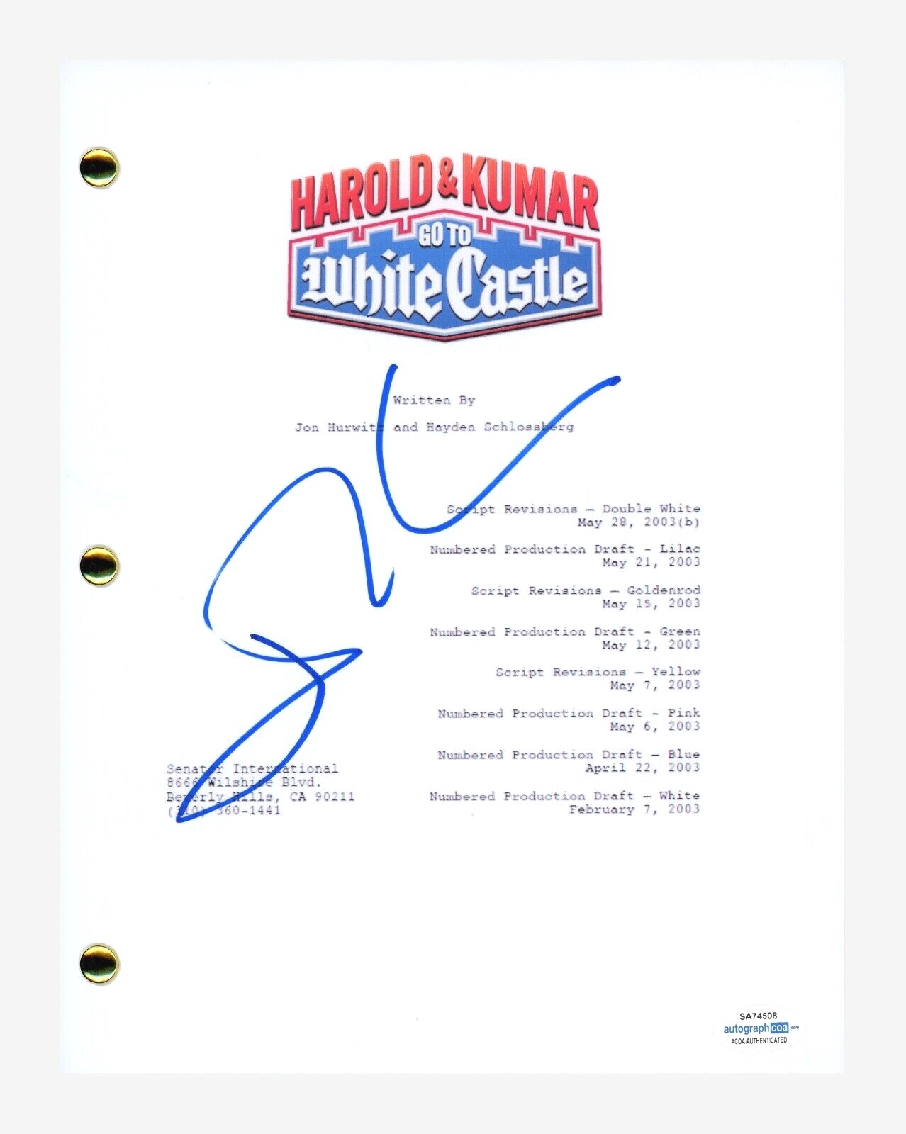 John Cho Signed Harold & Kumar Go To White Castle Movie Script ACOA COA