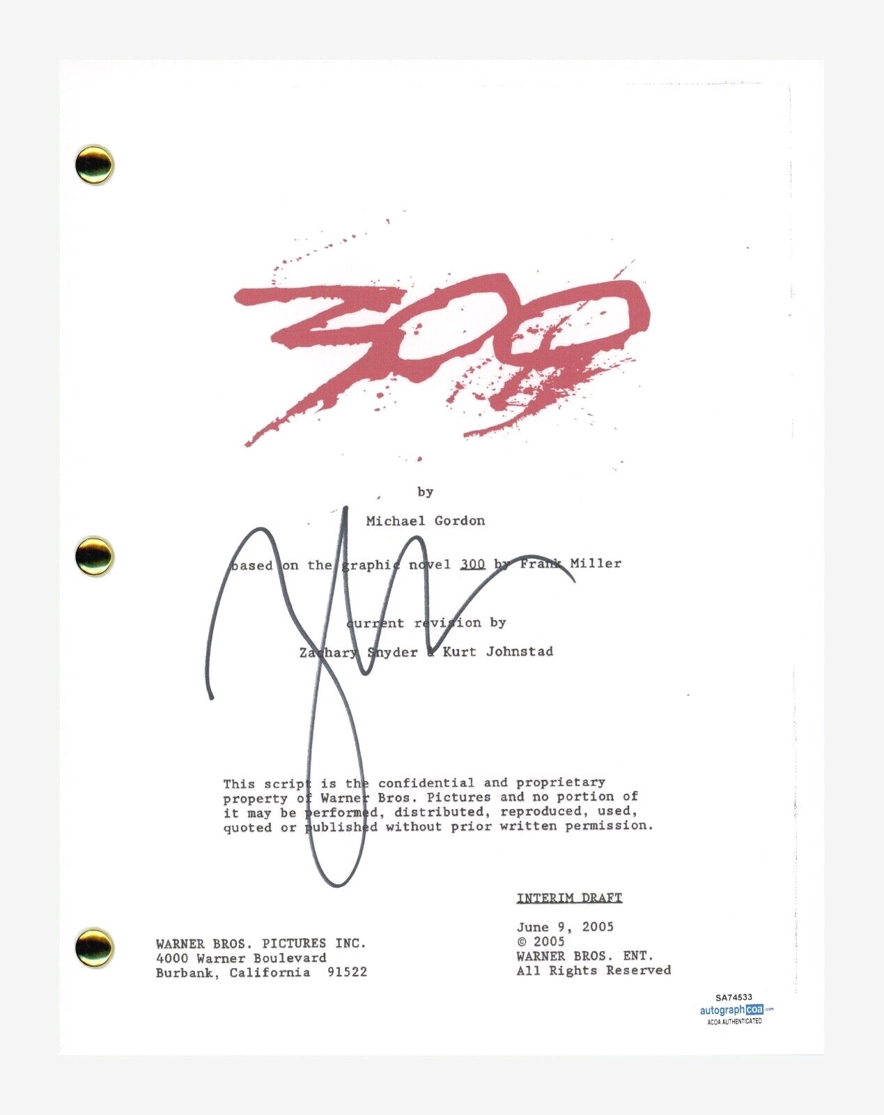 ZACK SNYDER SIGNED AUTOGRAPHED 300 MOVIE SCRIPT SCREENPLAY ACOA COA COLLECTIBLE MEMORABILIA
