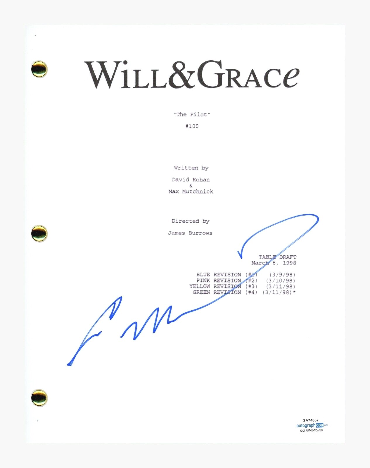 Eric McCormack Signed Autographed Will & Grace Pilot Episode Script ACOA COA