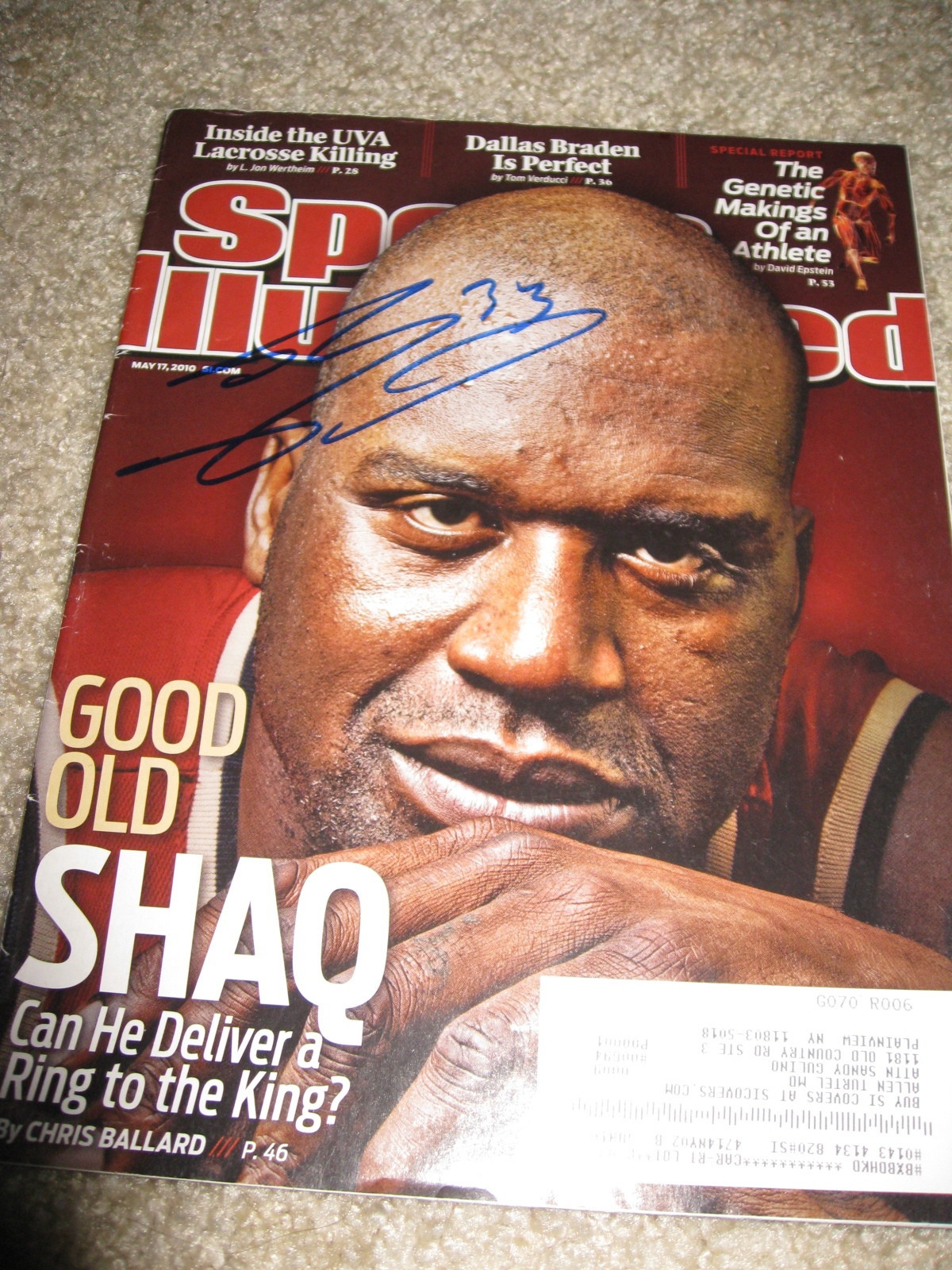 SHAQ SHAQUILLE O'NEAL SIGNED AUTOGRAPH SPORTS ILLUSTRATED MAGAZINE LAKERS HEAT D