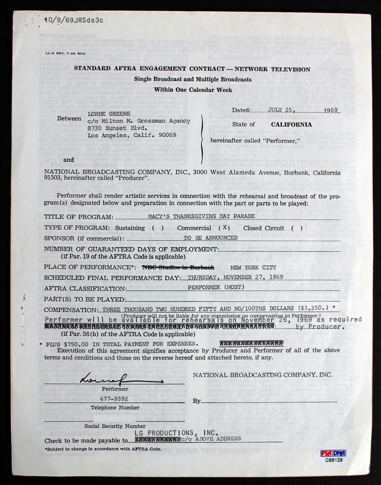 Lorne Greene Bonanza Signed Macy's Thanksgiving Day Parade Contract PSA #C68129