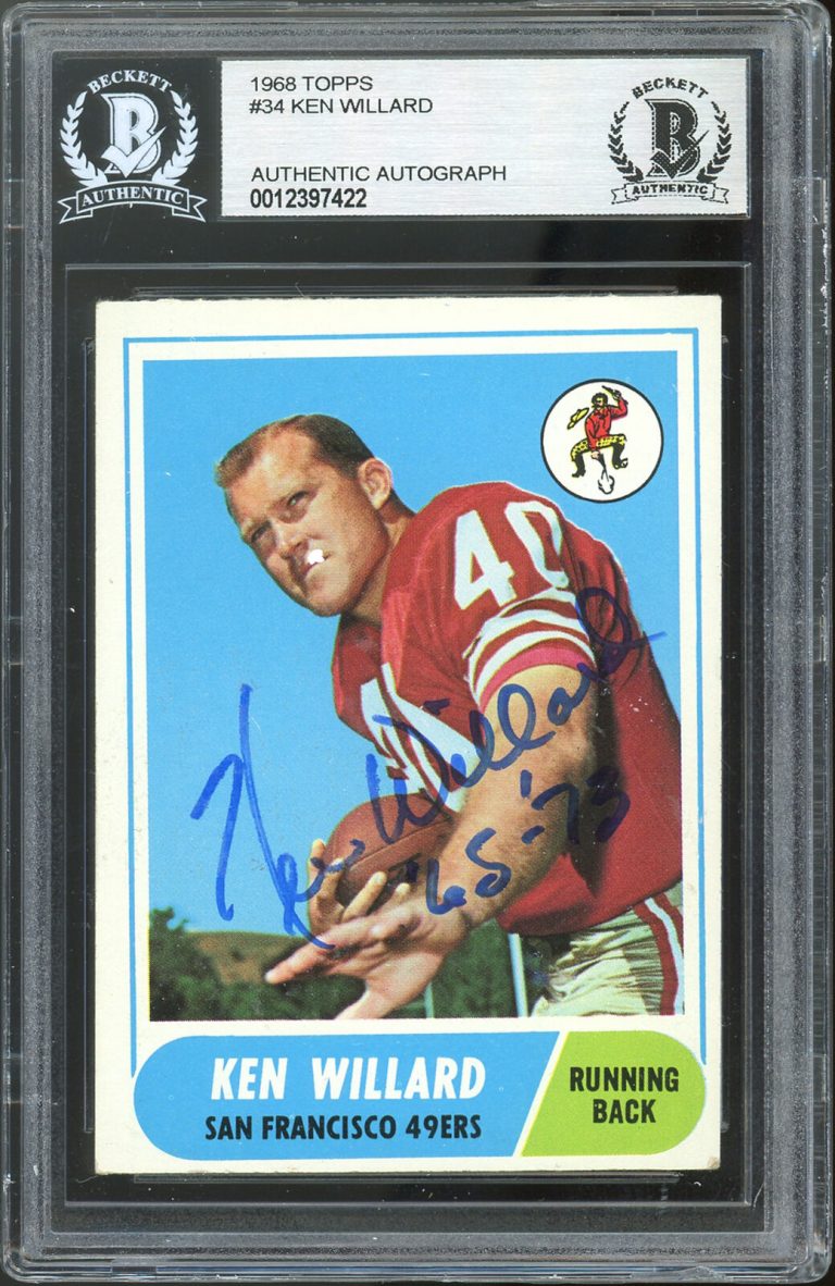 49ERS KEN WILLARD ’65-’73 AUTHENTIC SIGNED 1968 TOPPS #34 CARD BAS SLABBED COLLECTIBLE MEMORABILIA
