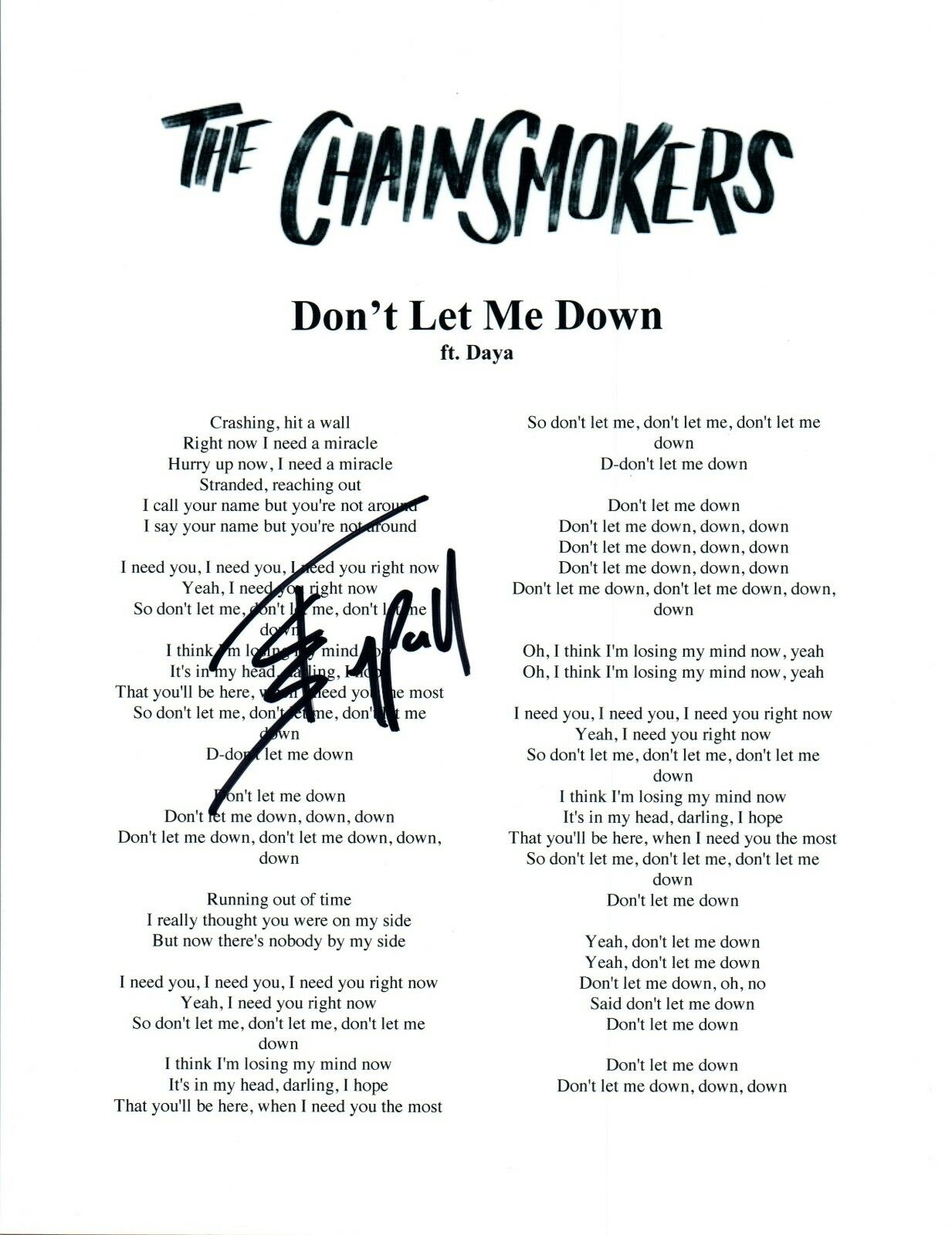 Alex Pall Signed Autographed The Chainsmokers Don T Let Me Down Lyric Sheet Coa Autographia