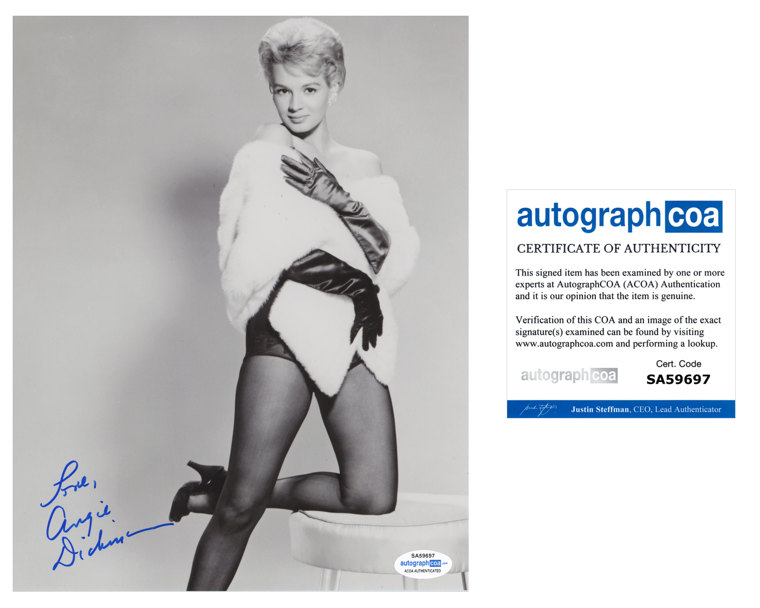Angie Dickinson Signed Autograph 8x10 Photo Stunning Hollywood Actress Acoa Coa Autographia 9328