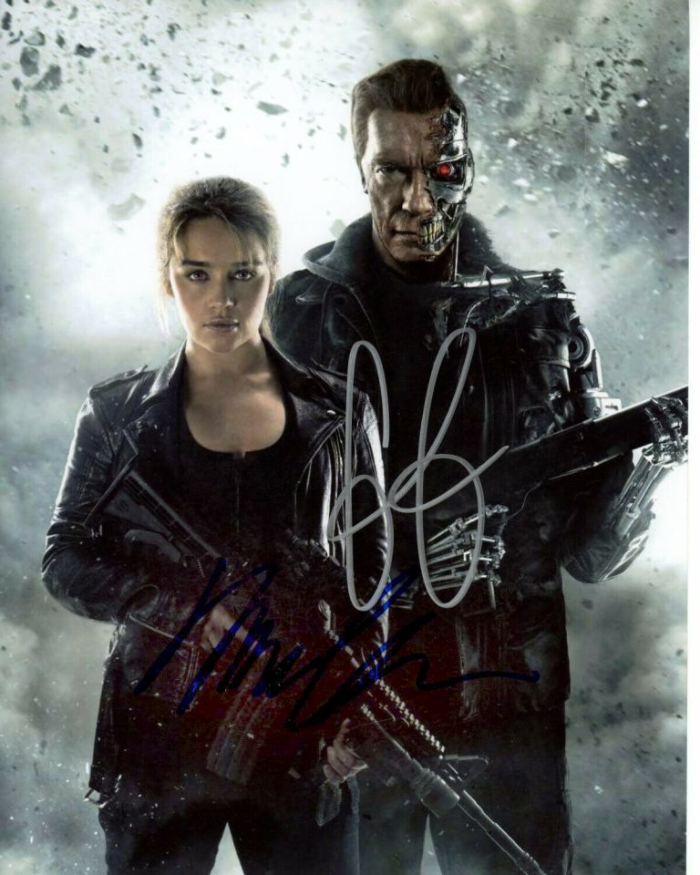ARNOLD SCHWARZENEGGER & EMILIA CLARKE SIGNED AUTOGRAPHED TERMINATOR PHOTO COLLECTIBLE MEMORABILIA