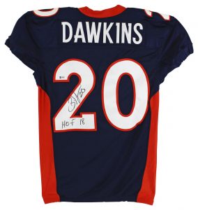 BRONCOS BRIAN DAWKINS HOF 18 SIGNED 2010 GAME USED NAVY NIKE JERSEY BASS #X70645 COLLECTIBLE MEMORABILIA