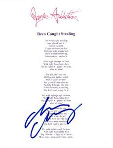 CHRIS CHANEY SIGNED JANE’S ADDICTION BEEN CAUGHT STEALING LYRIC SHEET COA COLLECTIBLE MEMORABILIA