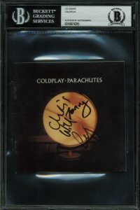 COLDPLAY (4) MARTIN, BERRYMAN, CHAMPION SIGNED PARACHUTES CD COVER BAS SLABBED COLLECTIBLE MEMORABILIA