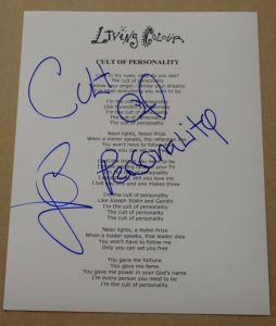 COREY GLOVER SIGNED AUTOGRAPH CULT OF PERSONALITY LIVING COLOUR LYRIC SHEET B COLLECTIBLE MEMORABILIA