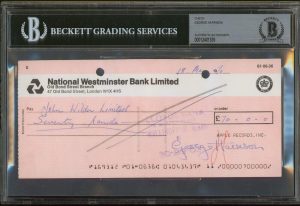 GEORGE HARRISON BEATLES SIGNED 3.5×8 1970 APPLE RECORDS CHECK BAS SLABBED COLLECTIBLE MEMORABILIA