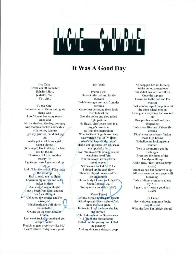 ICE CUBE SIGNED AUTOGRAPHED “IT WAS A GOOD DAY” LYRIC SHEET COA COLLECTIBLE MEMORABILIA