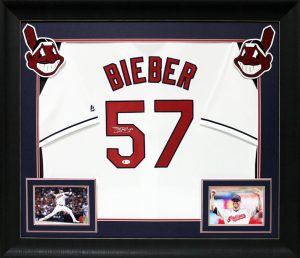 INDIANS SHANE BIEBER SIGNED WHITE MAJESTIC COOL BASE JERSEY FRAMED JERSEY BAS COLLECTIBLE MEMORABILIA