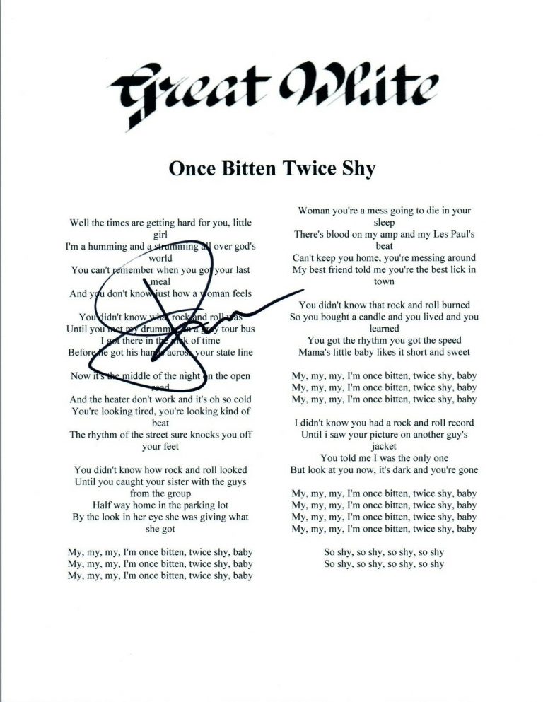 Great White Once Bitten Twice Shy Lyrics Jack Russell Signed Autograph Great White ONCE BITTEN TWICE SHY Lyric